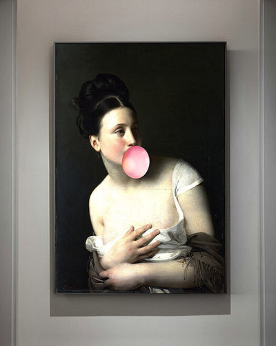 Grey canvas wall art painting showing a woman chewing pink gum in front of white wall